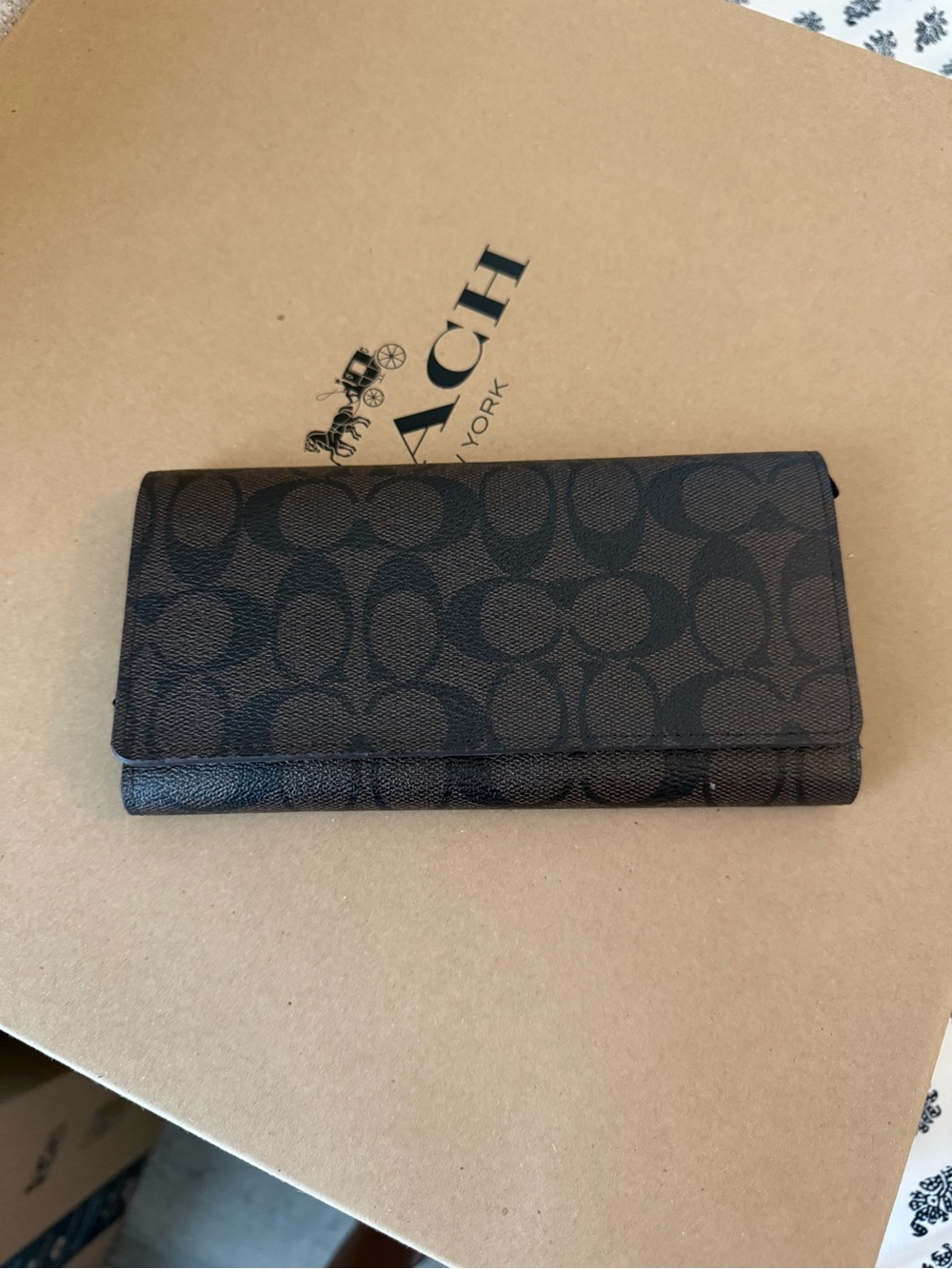 Coach Continental Wallet in Brown and Black Signature Print